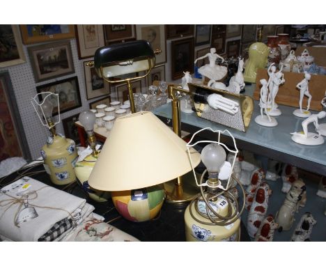 A mixed group of modern table lamps to include, two desk lamps, a pair of crackled glass lamps, a pair decorated with china c