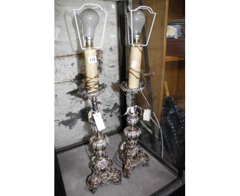 A pair of 18th c style silverplate altar candlesticks converted to table lamps.(sold as parts) 48cm just the candlestick,add 