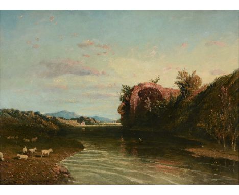 William Linton (1791-1876) A Roman River Scene Oil on board Manuscript pen and ink label on reverse "Painted by W. Linton, 7 