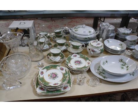 A quantity of decorative glassware, together with a china part tea service and a Marutaki part dinner service. £20-30