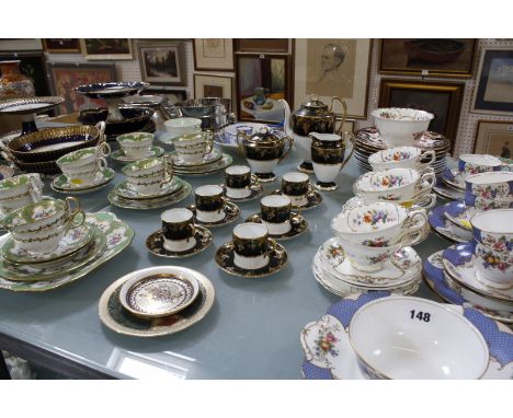 A Spode dark blue and gilt tooled part dessert service and other pieces to include an Aynsley coffee sets and two Aynsley par