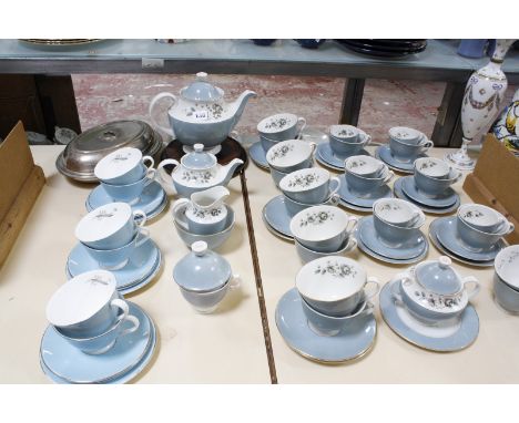 A Royal Doulton Rose Elegans tea and coffee part service, together with an oriental hardwood stand and a plated oval entree d