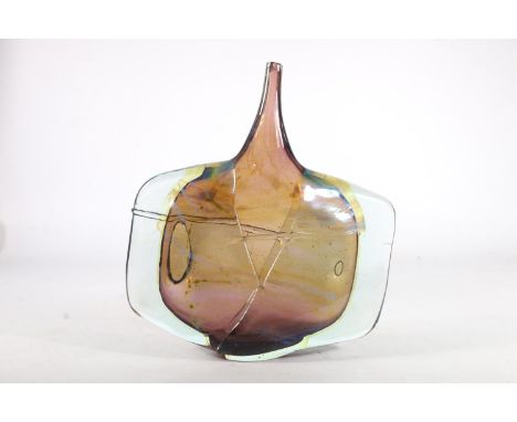 Michael Harris for Mdina, a large axe head glass vase cased with aubergine colour interior and variegated opalescent swirls, 