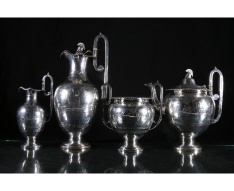 Victorian silver four-piece tea and coffee service, of matching Etruscan revival design, the classical helmet shape finial ov