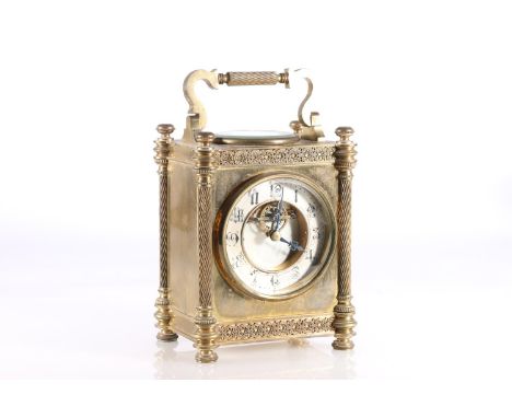 c1900 French gilt metal carriage clock timepiece with integral thermometer and compass, silvered front chapter ring dial with