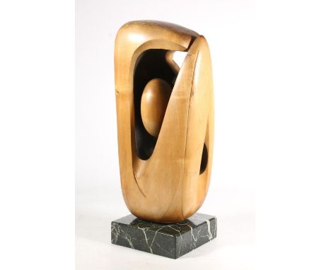 After Norman John Forrest (Scottish 1898-1972), a limewood sculpture of abstract organic form, on variegated marble plinth ba