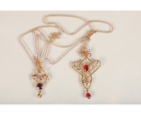 Unhallmarked yellow metal garnet and pearl openwork pendant on chain, 6.6g gross, and a 9ct gold amethyst and seed pearl open