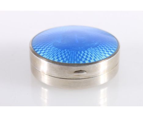 George V silver and guilloche enamel powder compact of circular shape, the blue enamel top with Masonic crest and banner 'Der