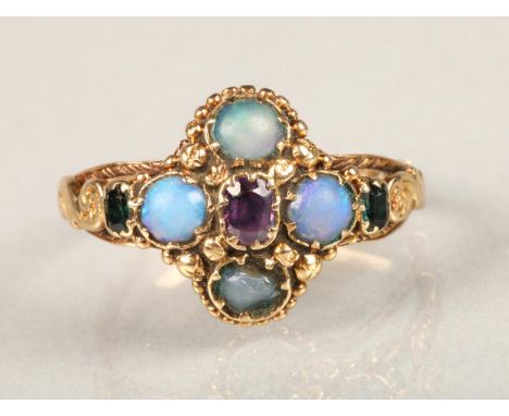 Georgian opal, amethyst and tourmaline ring, the central amethyst surrounded by four cabochon opals on a quatrefoil beaded se