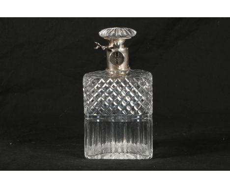 George V cut glass decanter with silver lockable collar, the facet cut mushroom stopper over silver locking mechanism, hallma