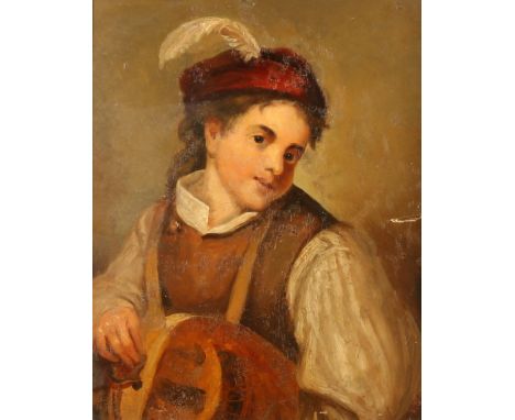 C P CHALMERS  Half-length portrait of a young boy wearing scarlet hat with white feather and holding drum  Oil painting, sign