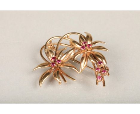 9ct gold ruby brooch of leaf form, makers mark 'C&amp;F', probably Cropp &amp; Farr Ltd, London 1987, 5.6g. 