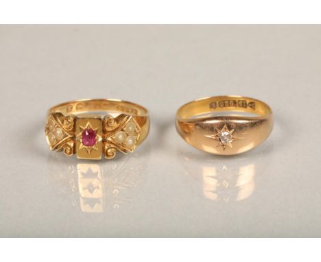 Victorian 18ct gold ruby and pearl ring, maker W&amp;JS, Birmingham 1897, size N, 3.7g and a 15ct gold ring with small gypsy 