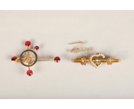 Victorian 15ct gold seed pearl bar brooch, 3.7g and a yellow metal gem set brooch with ibex portrait interior, 2.8g, 6.5g gro