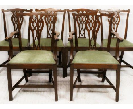 Set of six 19th century Chippendale style mahogany dining chairs, consisting of two carvers and four chairs, the scrolling to