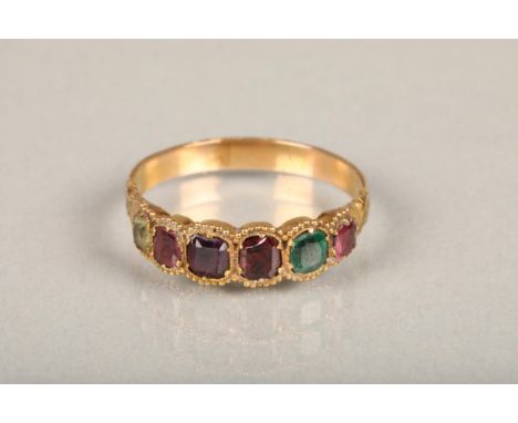 Victorian yellow gold gem set dress ring set with amethyst, peridot, emerald, ruby and garnet stones, ring size S, 2.2g. 