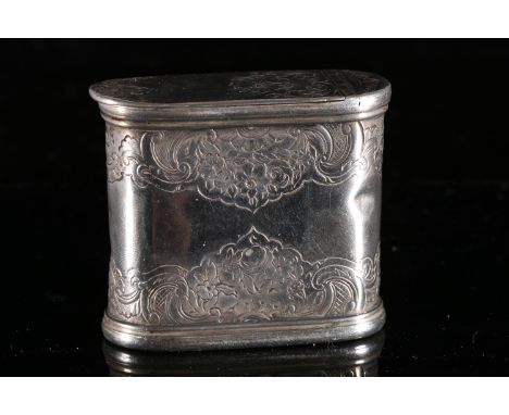 Georgian antique silver table snuff box of stadium shape with incised scroll and foliage decoration, the reverse incised 'C M