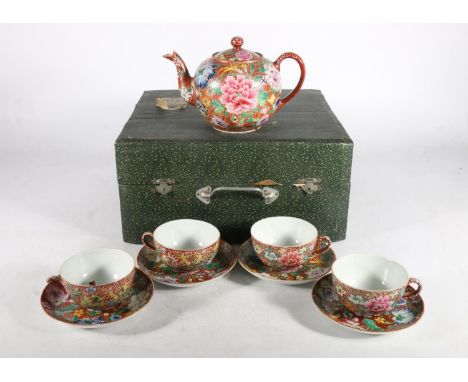 Chinese export porcelain 'Millefleur' pattern tea set for four, late Republic period, the profusely decorated bodies with pol