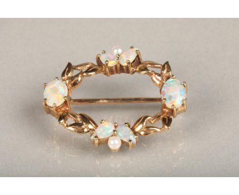 9ct gold opal and seed pearl brooch, makers mark 'C&amp;F', probably Cropp &amp; Farr Ltd, London, 1988, 4g. 