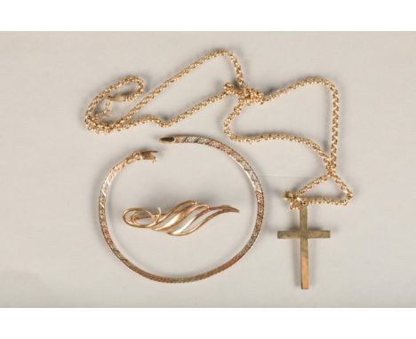 9ct gold flat link bracelet 2.9g, a 9ct gold crucifix pedant on 9ct gold Belcher neck chain 4.5g and a 9ct gold brooch 2.5g g