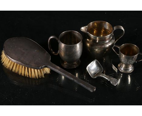 George V silver cream jug with gilded interior by Dingley Brothers, Chester 1926, 123g, a silver chi renting mug 68g, a minia