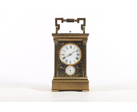 French gilt brass repeating carriage clock, the case with repeater button, the enamel dial with Roman Numeral chapter ring, s
