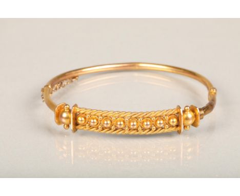 Victorian 9ct gold bangle with ropetwist border and sphere ornamentation, stamped '9ct', 6.5g. 