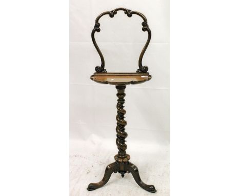 Victorian mahogany gentleman's shaving stand, the scrolled frame around glass panel and shelf, leading to spiral turned colum