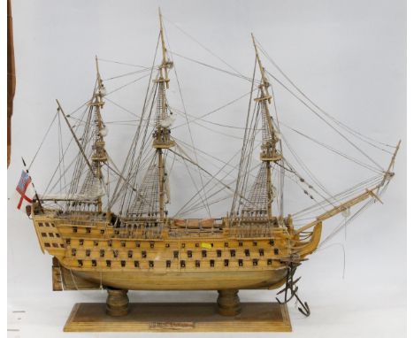 Wooden model of the HMS Victory, with full cotton rigged sails, H81cm. 