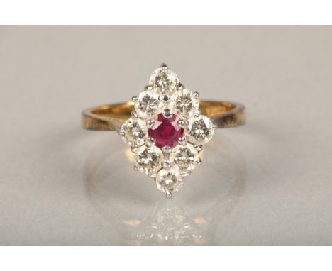 18ct yellow gold ruby and diamond ring, the central ruby encircled by eight 0.1cts diamond arranged in a diamond shape, ring 