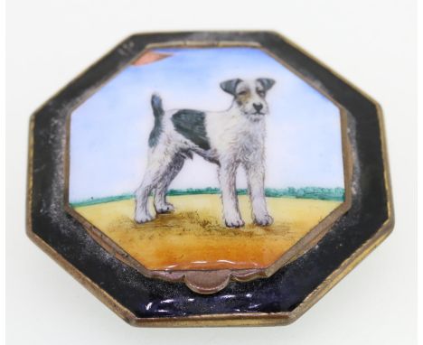 Art Deco period Continental enamel metal powder compact of octagonal form, the top surface decorated with an image of a dog, 