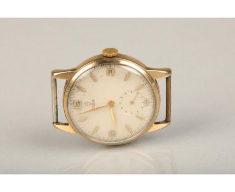 9ct gold cased 'Tudor' wristwatch head, the enamel dial with dagger hands, Arabic numeral and baton markers and subsidiary se