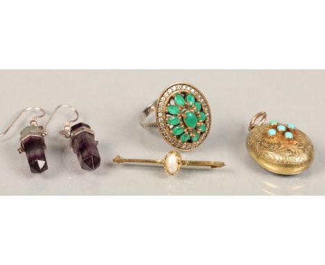 Victorian yellow metal morning pendant locket set with a cross of five turquoise stones, a yellow metal bar brooch set with p