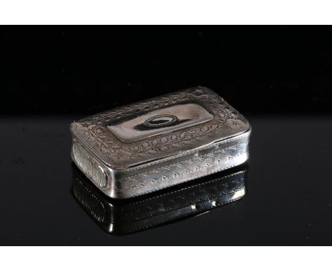 Georgian antique silver snuff or vesta box of rectangular form with rounded corners, the edge with striker, the body with inc