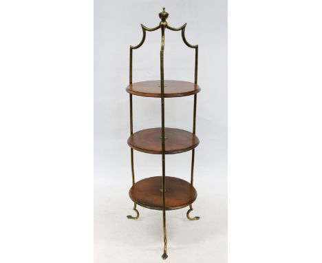 Early 20th century Art Deco style three tier cake stand, the round mahogany shelves within shaped tubular brass frame, H85cm.