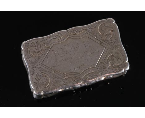 Victorian antique silver snuff box of rectangular form with scroll border, the body with all over scroll design, the interior