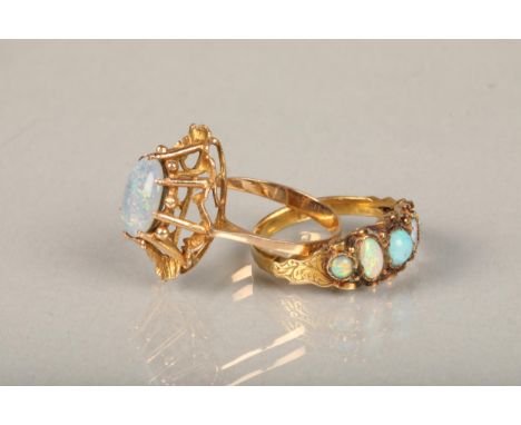 14ct yellow gold opal ring with 1970s Brutalist style setting, ring size Q, 3.5g gross and a yellow metal five stone opal dre