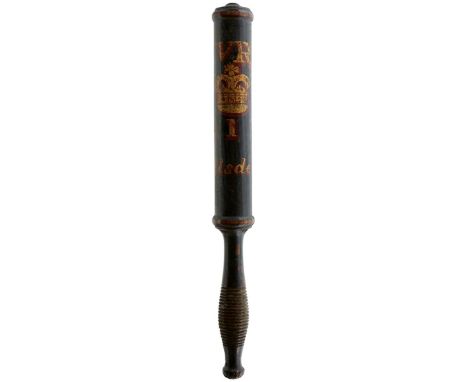 A VICTORIAN PAINTED WOOD BALUSTER TRUNCHEON, WILSDEN, BRADFORD, YORKSHIRE, painted in scarlet and gold with VR cypher, 1, and