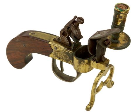 A GOOD BRASS FRAMED FLINTLOCK BOXLOCK TINDER LIGHTER BY RICHARD HOLLIS OF BIRMINGHAM, c.1800, height 9.5cm, frame signed with