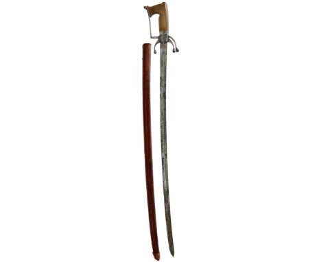 A 19TH CENTURY ARAB NIMCHA OR SWORD, 83.5cm double fullered blade, characteristic hilt with drooping quillons and square form