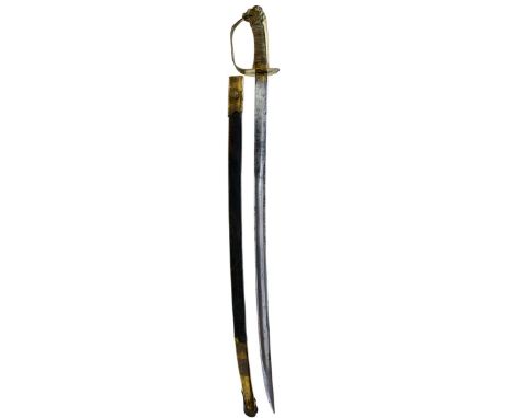 A FRENCH NAVAL OFFICER'S SWORD, 74cm fullered blade decorated with a stand of arms, scrolling foliage and partial inscription