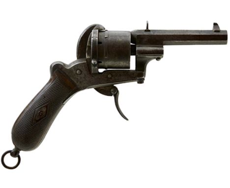 A BELGIAN 9MM SIX-SHOT FRANCOTTE PINFIRE REVOLVER, 3.75inch sighted two-stage barrel, with traces of blued finish, border eng