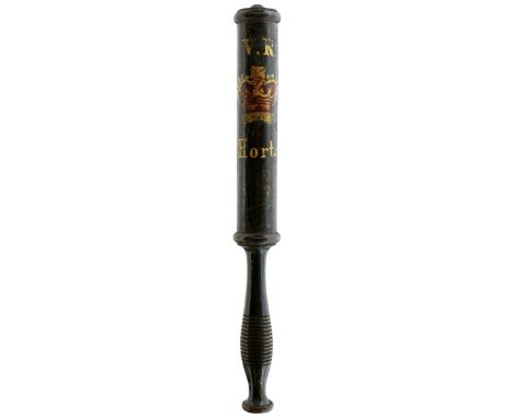 A VICTORIAN PAINTED WOOD BALUSTER TRUNCHEON, HORTON, BRADFORD, YORKSHIRE, painted in polychrome with the Royal Crown, VR cyph