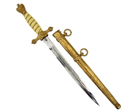 A THIRD REICH KRIEGSMARINE OFFICER'S DAGGER, 25cm blade by Horster, etched with dolphins, foliage and fouled anchors, regulat