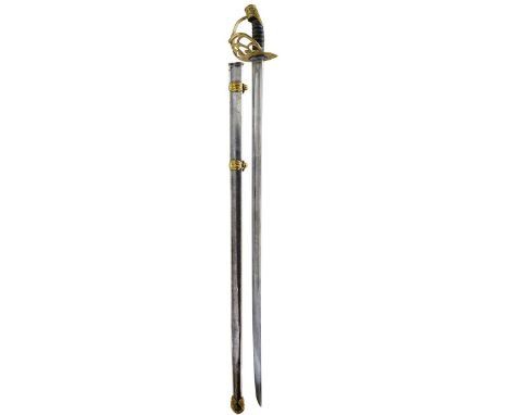 AN 1834 PATTERN LIFEGUARDS OFFICER'S SWORD BY HAWKES &amp; CO, 98cm fullered blade etched with a maker's panel at the forte, 