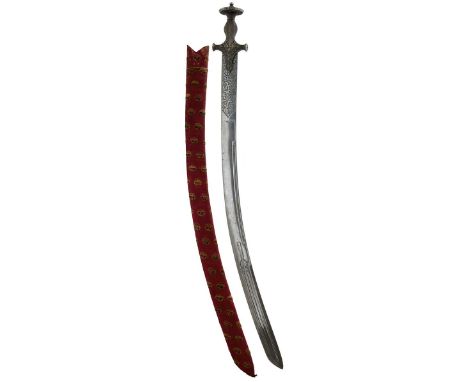 A FINE 19TH CENTURY NORTH INDIAN KIRACH OR TULWAR, 82cm curved damascus blade chiselled with multiple fullers and a sword mot