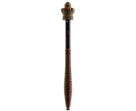 A VICTORIAN CARVED WOOD TIPSTAFF, carved crown finial retaining traces of gilt decoration, painted and turned handle, 39cm lo