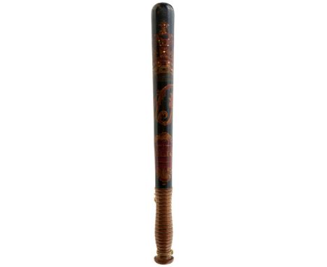 A VICTORIAN PAINTED WOOD TRUNCHEON, decorated in polychrome with the Royal crown, VR cypher, and POLICE in gilt within a red 