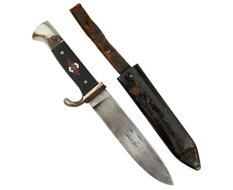 A THIRD REICH HITLER YOUTH DAGGER, 14cm RZM M7/13 blade etched with the motto Blut und Ehre, plated hilt, set with the HJ bad