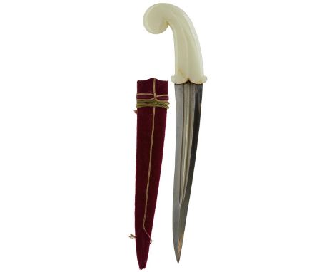 A 19TH CENTURY WHITE JADE HILTED KHANJAR, 29cm clean wootz damascus blade with armour piercing tip, bright polish to blade, t